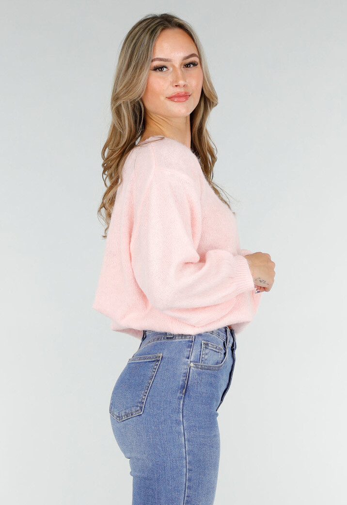 Roze One Shoulder Trui met Wijde Mouwen in Zachte Stof