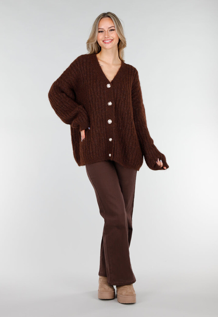 Gebreide Bruine Cardigan met Lurex en Goudkleurige Knopen