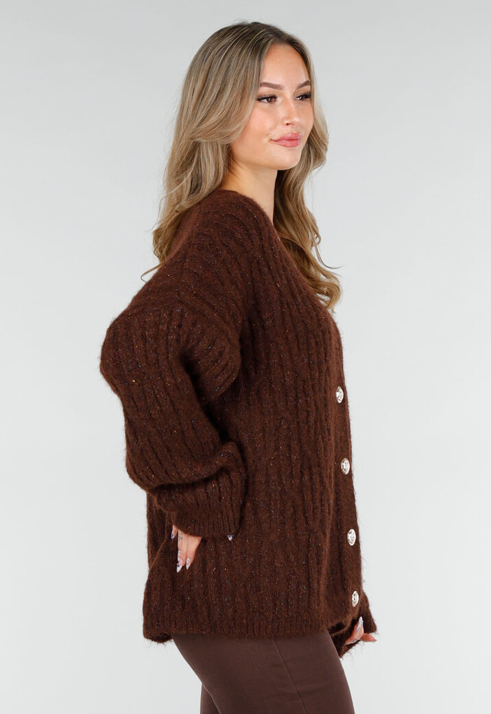 Gebreide Bruine Cardigan met Lurex en Goudkleurige Knopen
