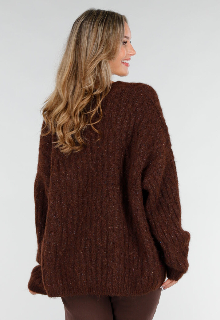 Gebreide Bruine Cardigan met Lurex en Goudkleurige Knopen