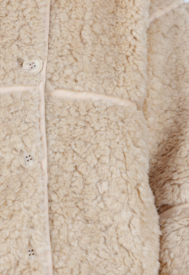 Beige Teddy Jas met Opstaande Kraag en Knoopsluiting
