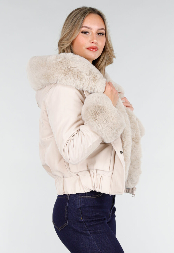 Beige Jas met Faux Fur Kraag en Manchetten