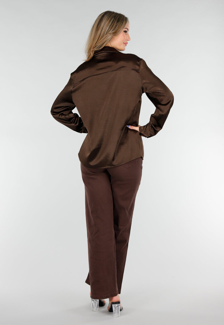 Bruine Satijnen Blouse met Lange Mouwen en Knoopsluiting