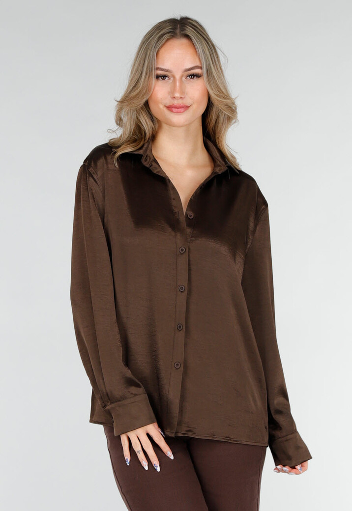 Bruine Satijnen Blouse met Lange Mouwen en Knoopsluiting
