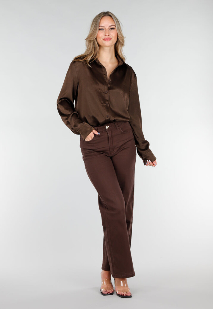 Bruine Satijnen Blouse met Lange Mouwen en Knoopsluiting
