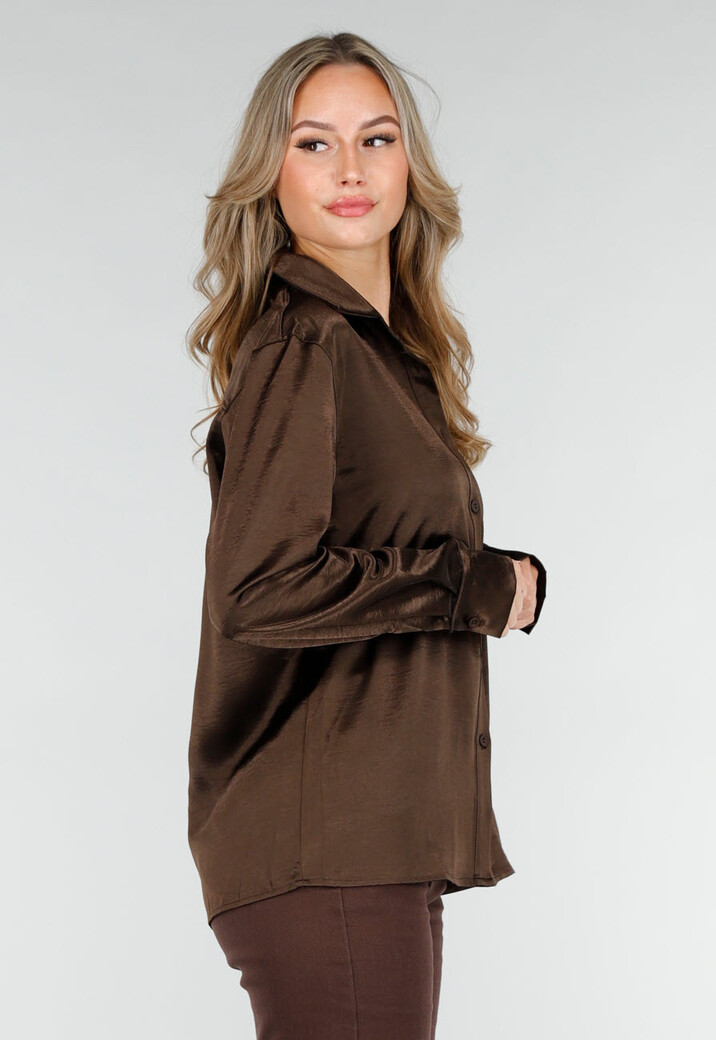Bruine Satijnen Blouse met Lange Mouwen en Knoopsluiting