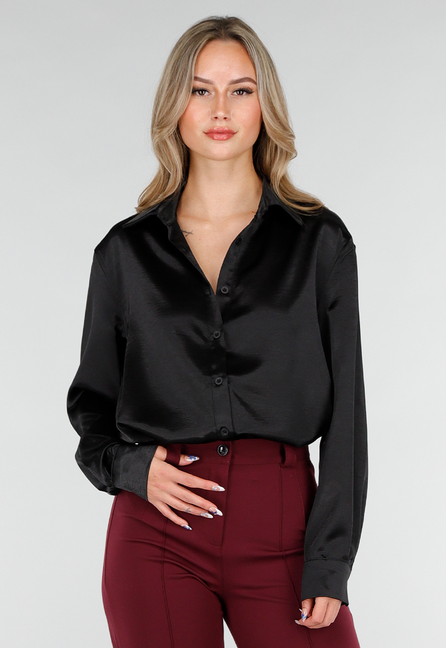 Casual Damesshirt,Dames Satijn Zijden Blouse Shirt V-Hals Zwart Lange Mouw Mode Shirts Business Shirt Met Knoop Sexy Party Tops Casual Werk Office Blouse Voor Meisjes Dames,S