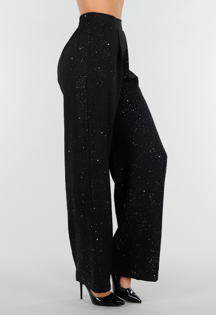 Zwarte Linnenlook Glitter Pantalon  met Stretchband