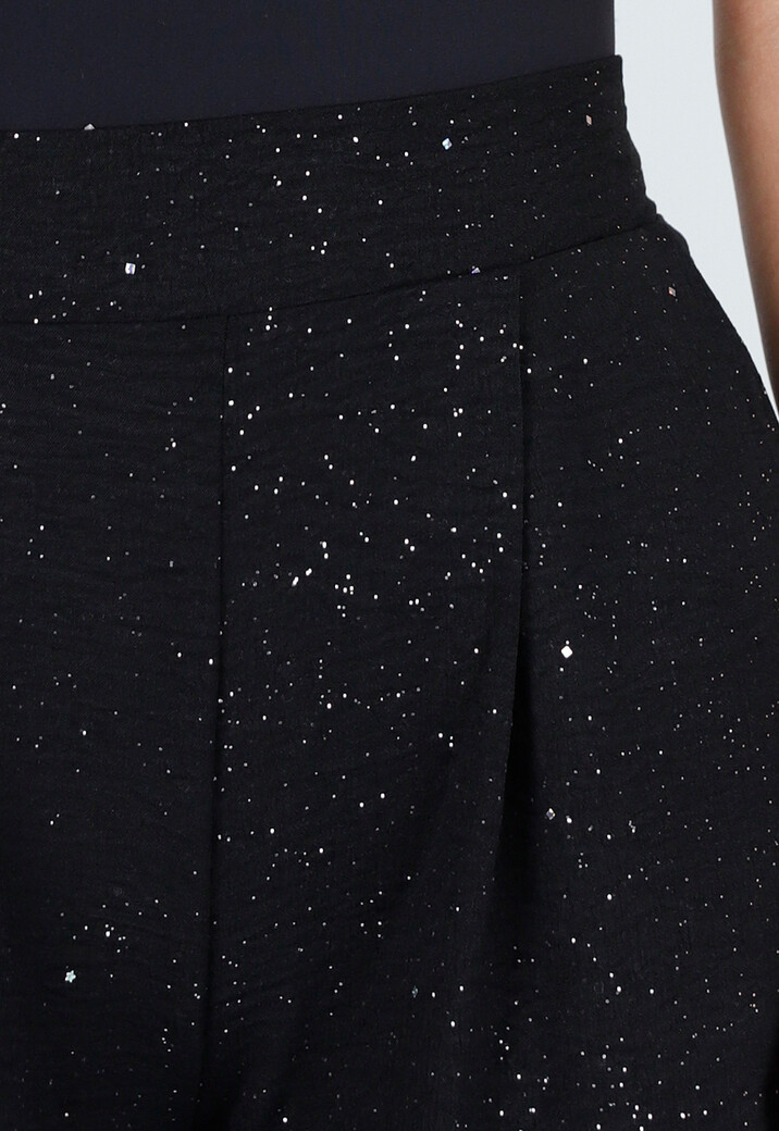 Zwarte Linnenlook Glitter Pantalon  met Stretchband
