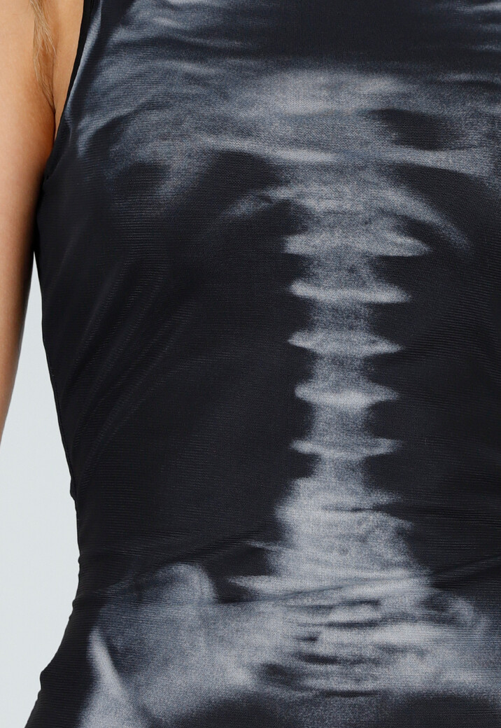 Zwarte Halloween Mesh Jurk met Split en Skelet Print