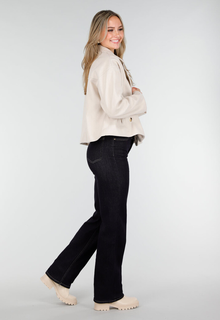 Beige Wollook Jas met Dubbele Rij Knopen en Brede Reverskraag