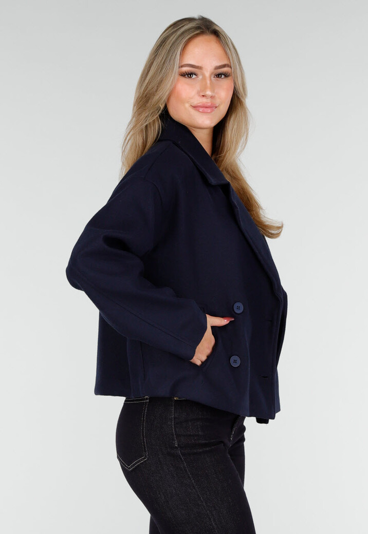 Donkerblauwe Wollook Jas met Dubbele Rij Knopen en Brede Reverskraag
