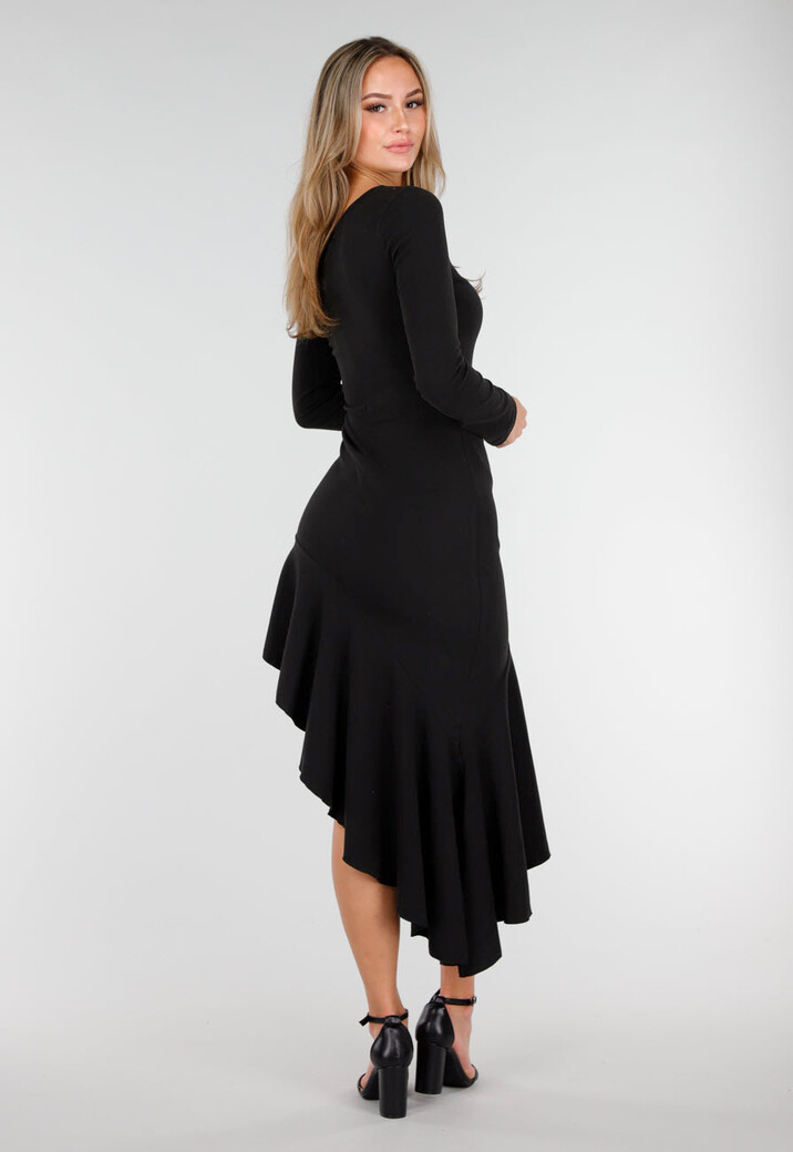 Zwarte One Shoulder Fleece Maxi Jurk met Asymmetrische Zoom en Stretch