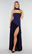 Donkerblauwe Strapless Maxi Stretch Jurk met Split en Hals Sjaal
