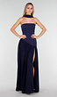 Donkerblauwe Strapless Maxi Stretch Jurk met Split en Hals Sjaal
