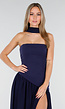 Donkerblauwe Strapless Maxi Stretch Jurk met Split en Hals Sjaal