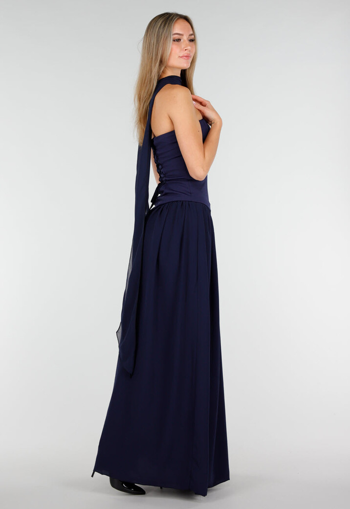 Donkerblauwe Strapless Maxi Stretch Jurk met Split en Hals Sjaal