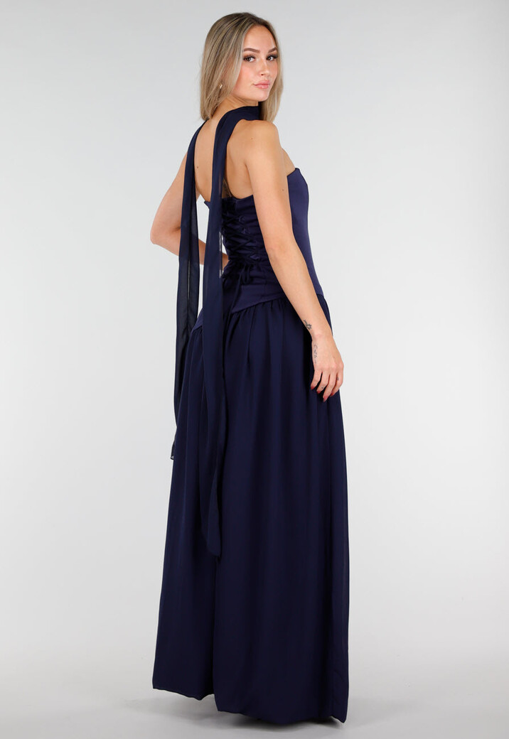 Donkerblauwe Strapless Maxi Stretch Jurk met Split en Hals Sjaal