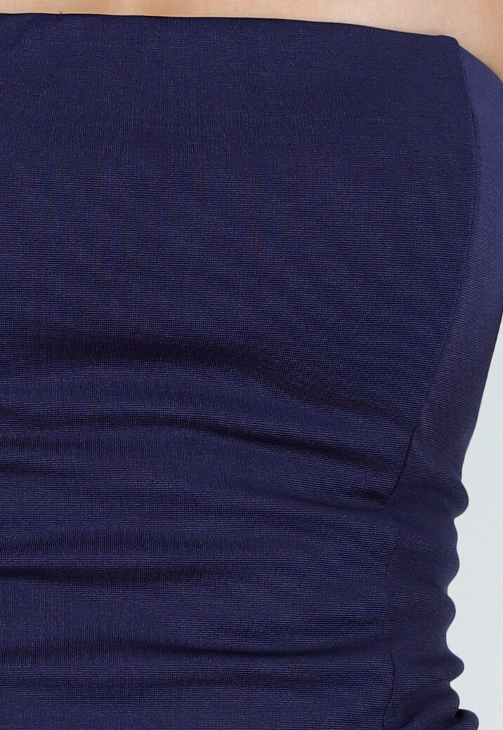 Donkerblauwe Strapless Maxi Stretch Jurk met Split en Hals Sjaal