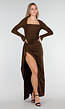Bruine Maxi Jurk met Vierkante Hals en Split in Stretch