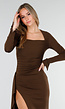 Bruine Maxi Jurk met Vierkante Hals en Split in Stretch