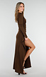Bruine Maxi Jurk met Vierkante Hals en Split in Stretch