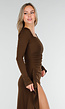 Bruine Maxi Jurk met Vierkante Hals en Split in Stretch