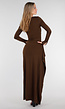 Bruine Maxi Jurk met Vierkante Hals en Split in Stretch