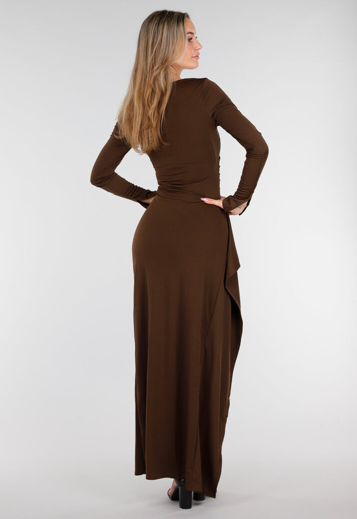 Bruine Maxi Jurk met Vierkante Hals en Split in Stretch