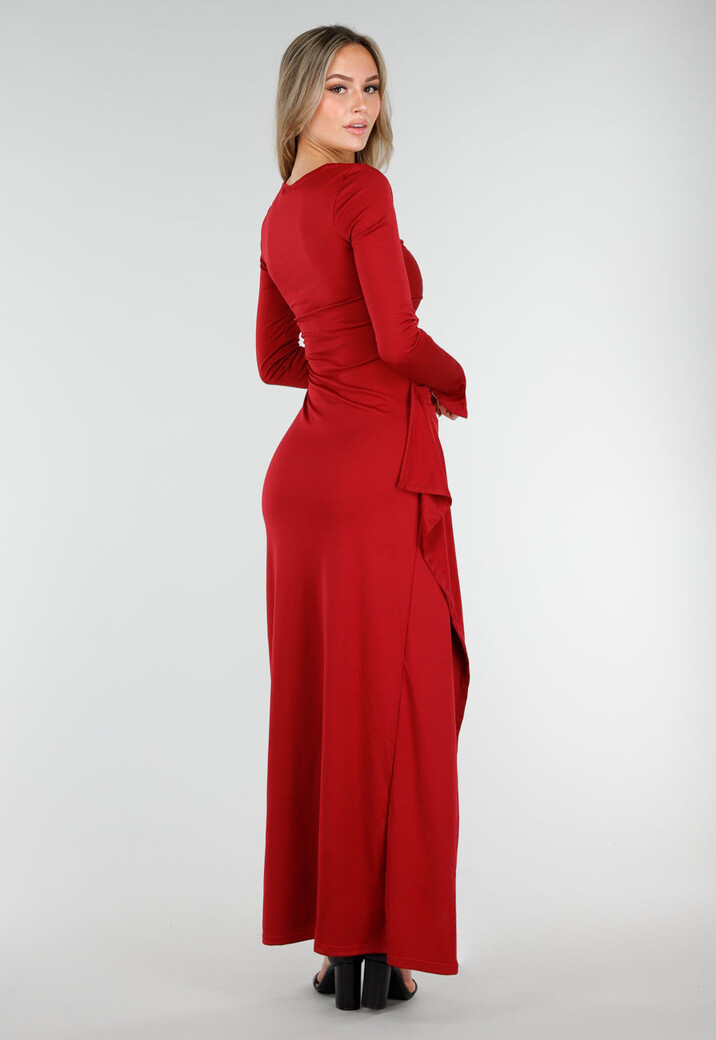 Bordeauxrode Maxi Jurk met Vierkante Hals en Split in Stretch