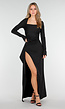 Zwarte Maxi Jurk met Vierkante Hals en Split in Stretch