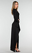 Zwarte Maxi Jurk met Vierkante Hals en Split in Stretch