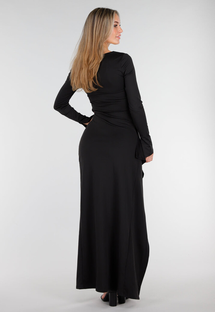 Zwarte Maxi Jurk met Vierkante Hals en Split in Stretch