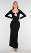 Zwarte Maxi Jurk met Diepe Halsuitsnijding en Lange Mouwen in Stretch