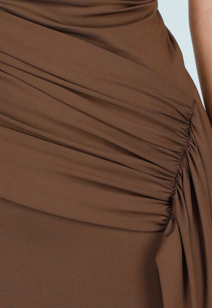 Bruine One Shoulder Maxi Jurk met Drapedetail en Stretch