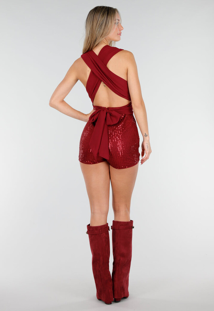 Bordeauxrode Pailletten Playsuit met Open Rug en Strikdetail