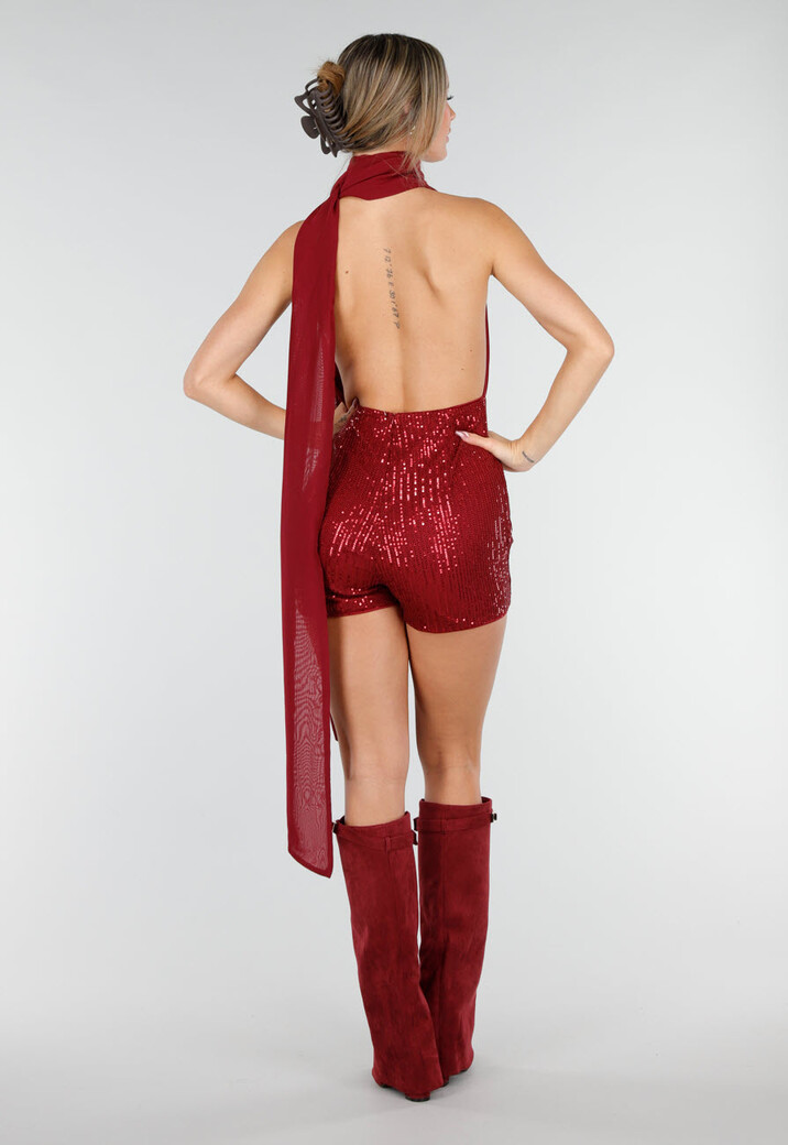 Bordeauxrode Pailletten Playsuit met Open Rug en Strikdetail