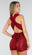 Bordeauxrode Pailletten Playsuit met Open Rug en Strikdetail