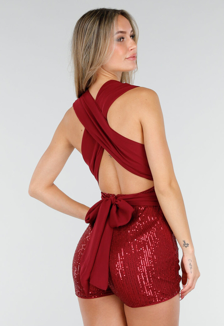 Bordeauxrode Pailletten Playsuit met Open Rug en Strikdetail
