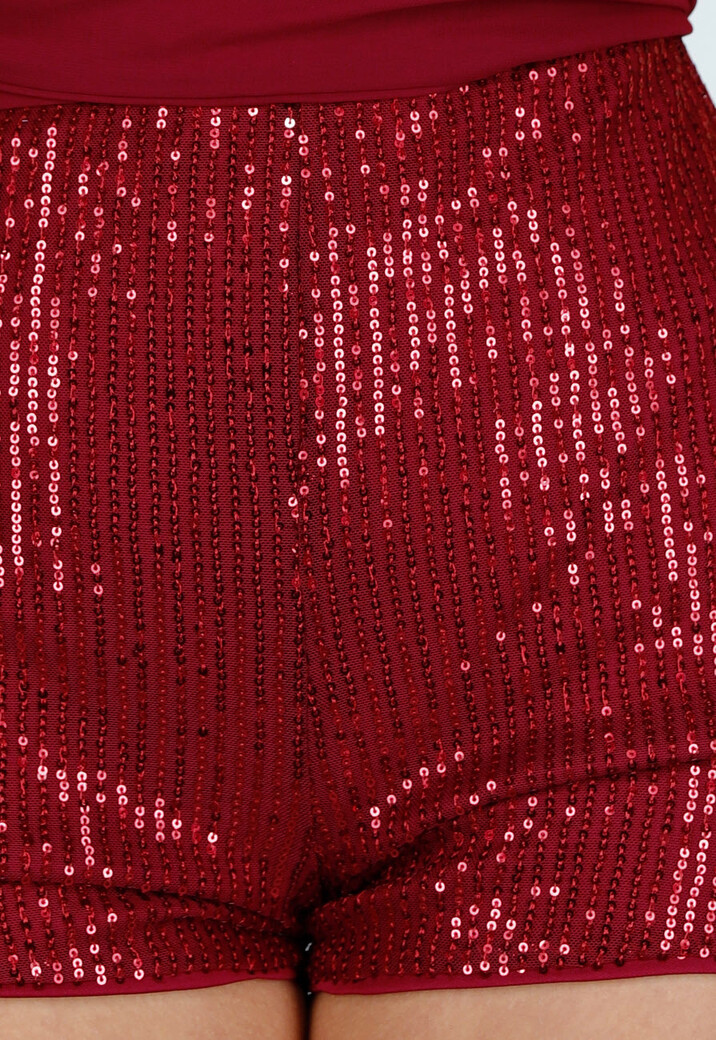 Bordeauxrode Pailletten Playsuit met Open Rug en Strikdetail