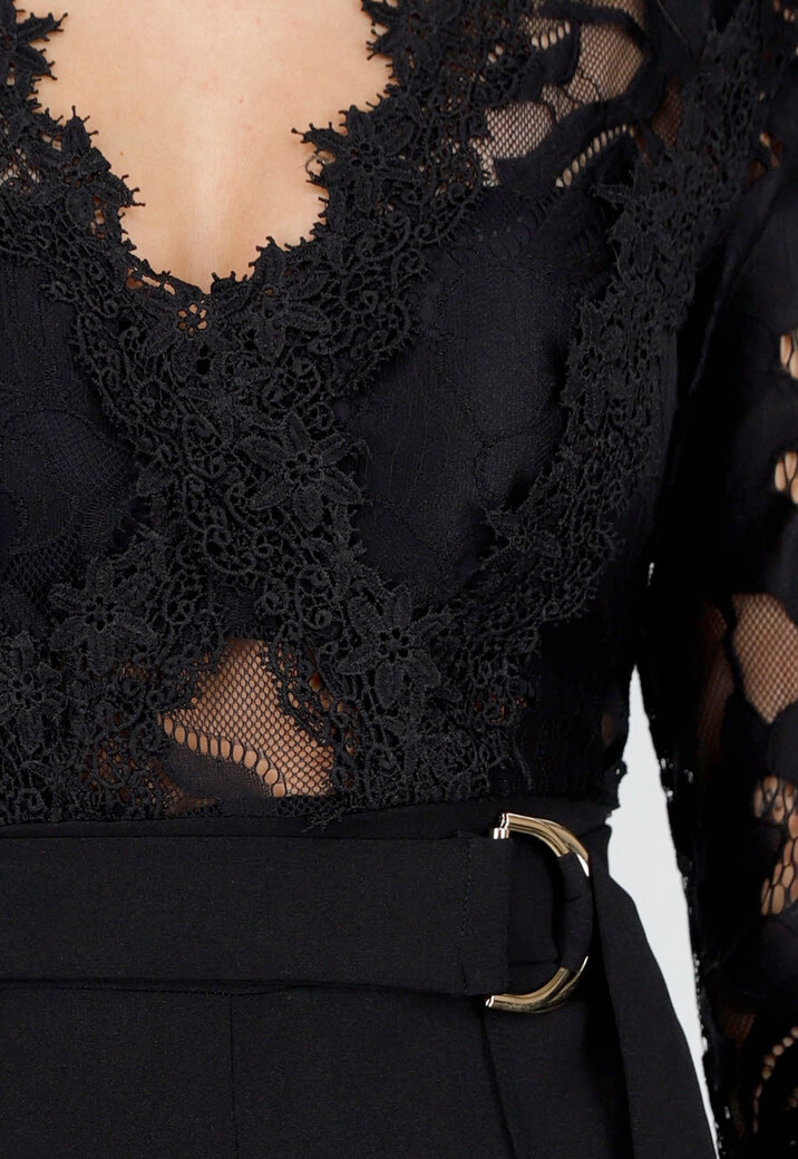 Zwarte Kanten Jumpsuit met V-Hals en Stretch