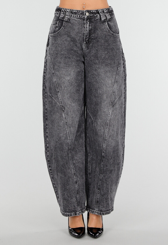 Grijze Barrel Jeans met Stonewashed Look en Hoge Taille