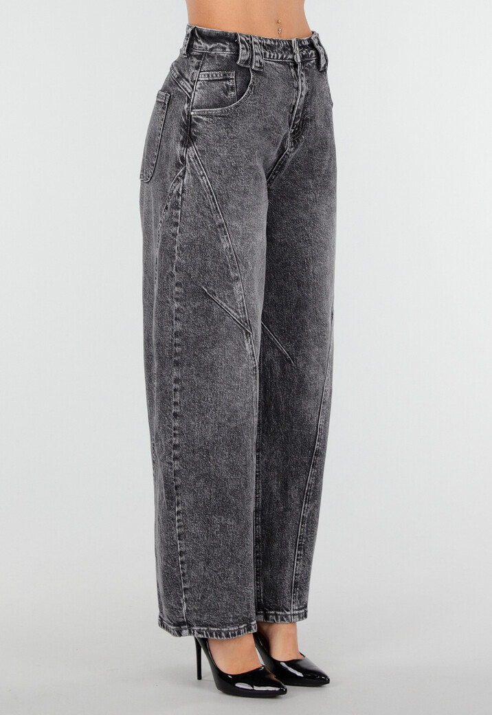 Grijze Barrel Jeans met Stonewashed Look en Hoge Taille