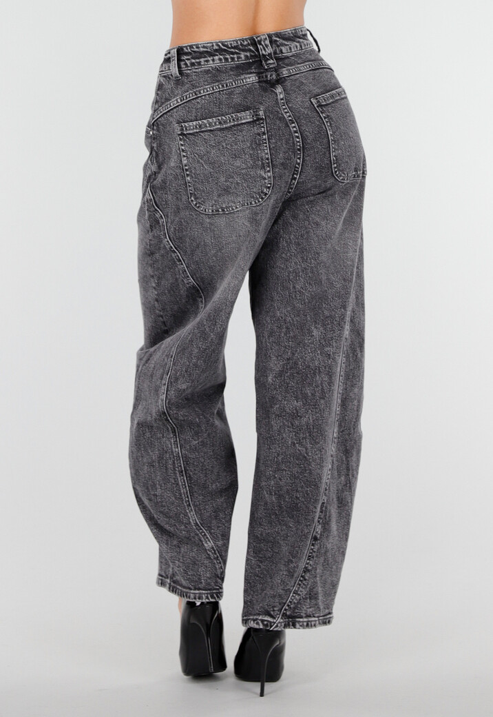 Grijze Barrel Jeans met Stonewashed Look en Hoge Taille