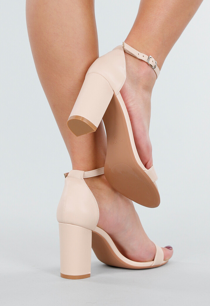 Beige Sandalen met Enkelbandje en Blokhak