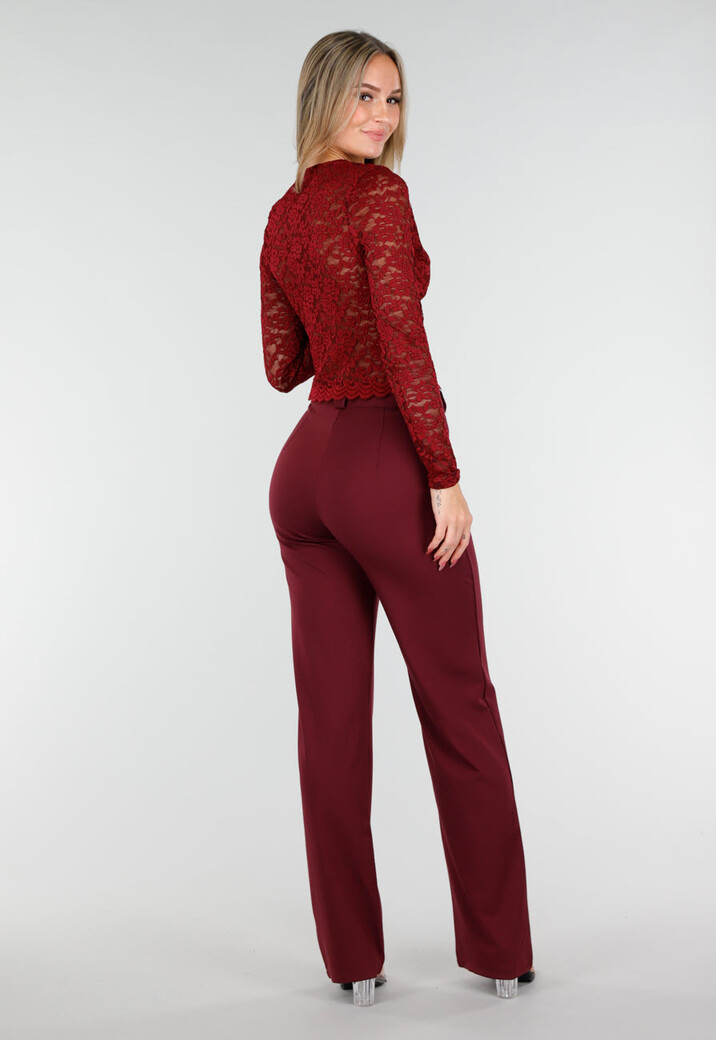 Bordeauxrode Crop Top met Kant en Lange Mouwen