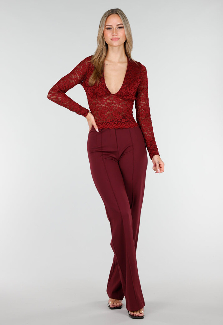 Bordeauxrode Crop Top met Kant en Lange Mouwen
