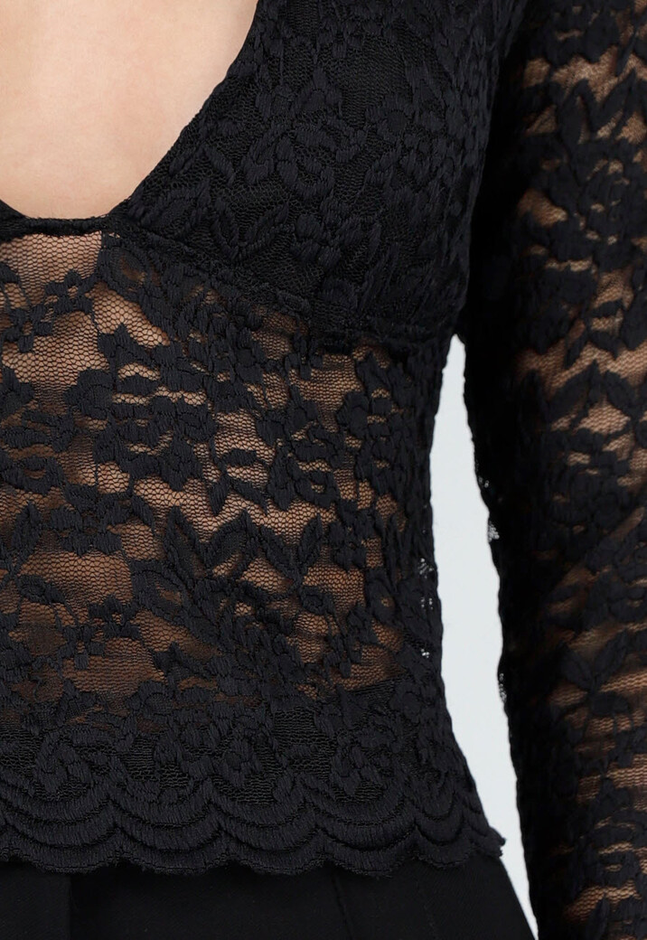 Zwarte Crop Top met Kant en Lange Mouwen