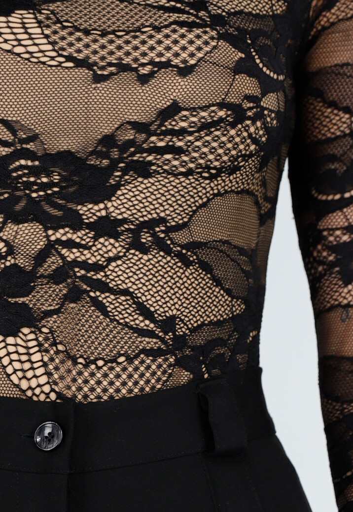 Zwarte Kant Bodysuit met Stretch en Beige Onderlaag