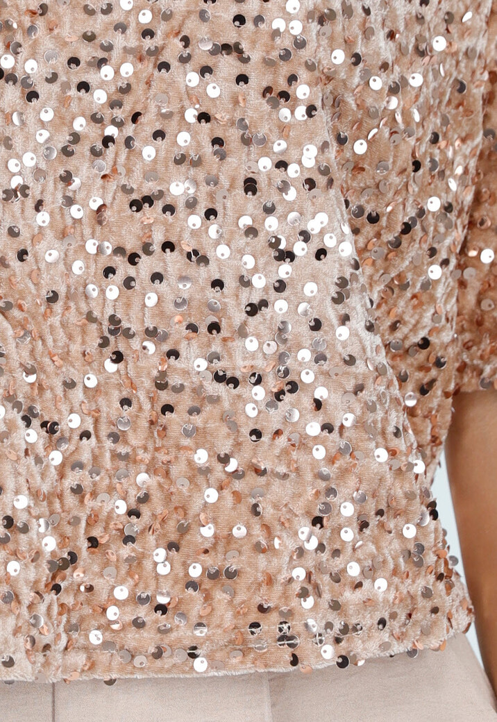Beige Pailletten Top met Korte Mouwen en Ronde Hals